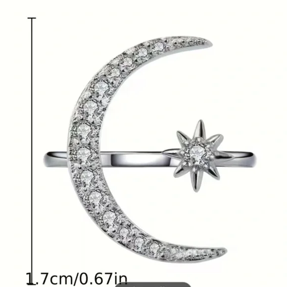 Adjustable Size Cuff Ring Crescent Moon And Star Design Shape Inlaid Rhinestones - Picture 5 of 8